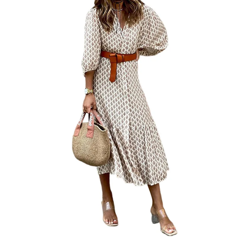 

2025 New Fashion Printed Puff Sleeve Belt Dress Women Autumn Casual Loose V-neck Lapel Button Long Dresses For Women