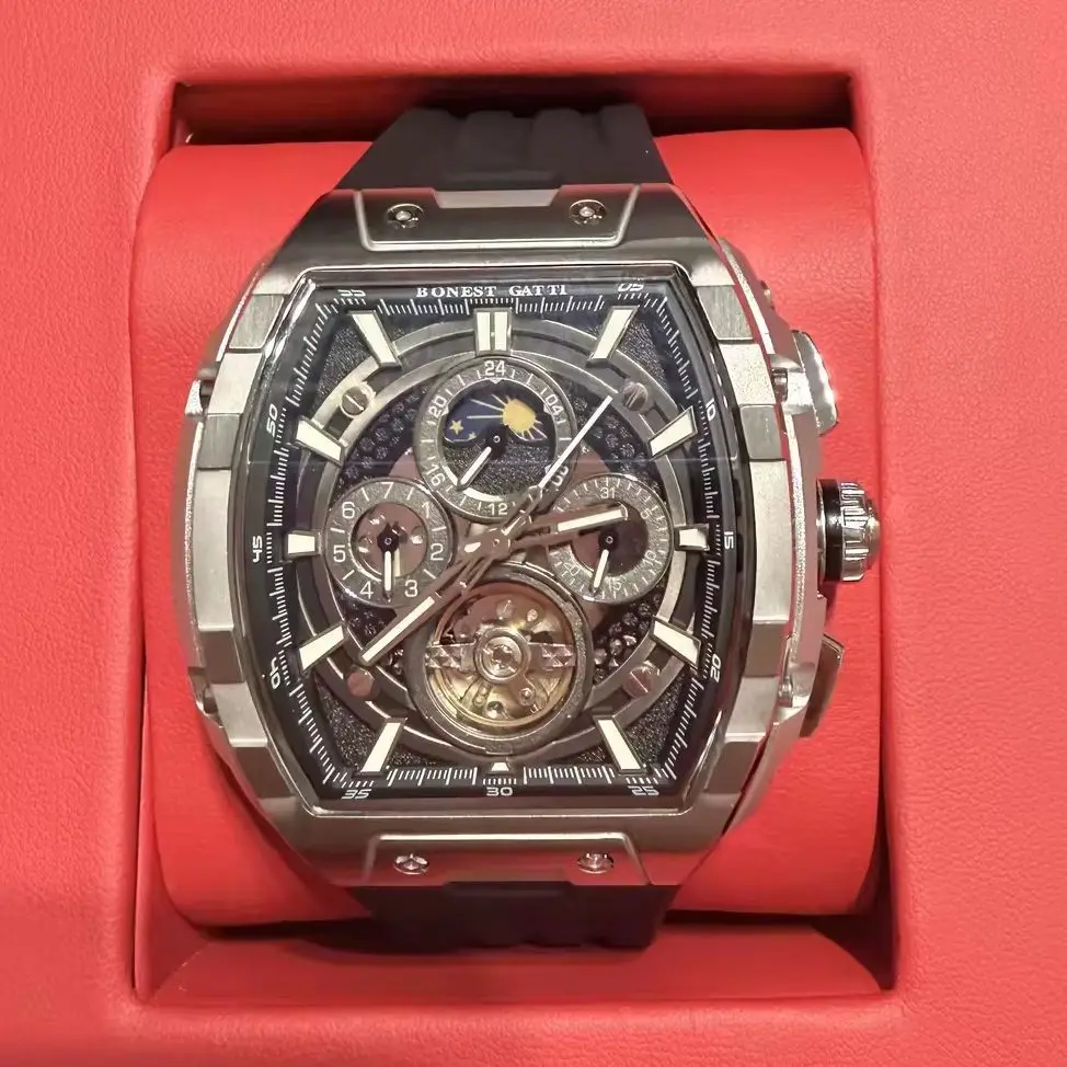 BONEST GATTI Men Automatic Watch Tonneau Mechanical Wristwatch Luminous Waterproof Sapphire Mirror Multi-Dial Week Date 24 Hours