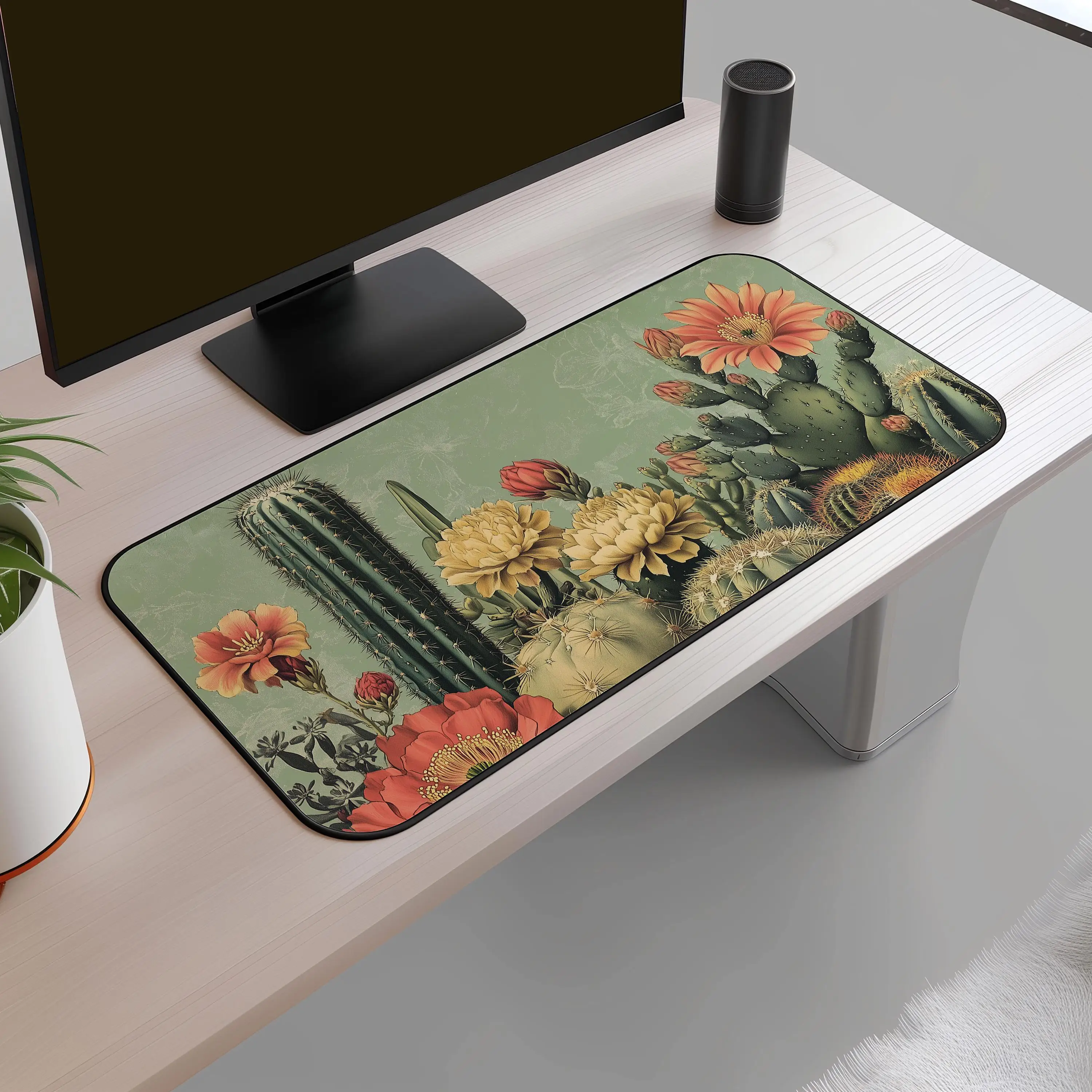 Leuke Vintage bloeiende cactussen plant kunst bureaumat XL Boho Cactus succulente botanische mousepad woestijn bloemen muismat kantoor cadeau