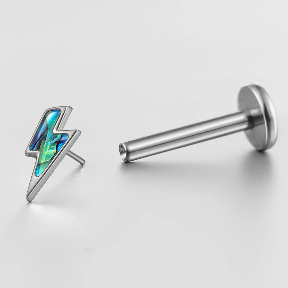 Casvort 1 Stück ASTM F136 Titan Flatback-Ohrring mit buntem Muschel-Flash-Push-Pin, Labret-Stud für Conch, Tragus, Helix, Medusa Piercing – Detail 7