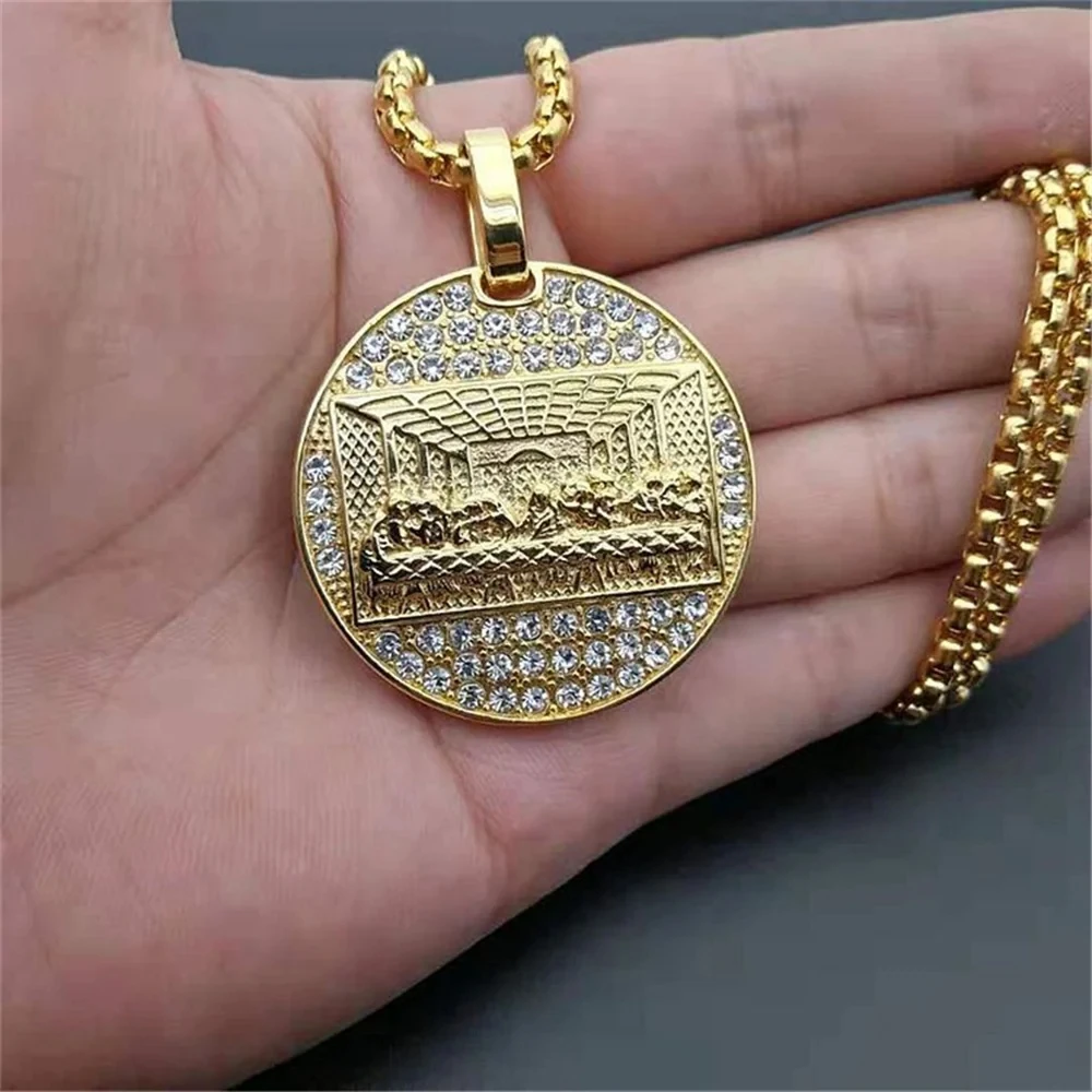 Stainless Steel Last Supper Pendant Gold Color Iced Out Bling Zircon Round Necklace For Men Father\'s Day Gift Hip Hop Jewelry
