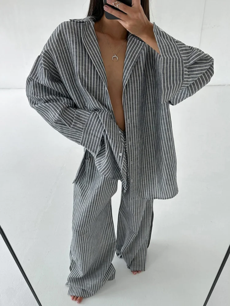 امرأة عادية مخطط صالة مجموعة طويلة الأكمام واحدة الصدر مستقيم الساق السراويل فضفاضة الزي التنقل مكتب ارتداء 2026 الربيع #1