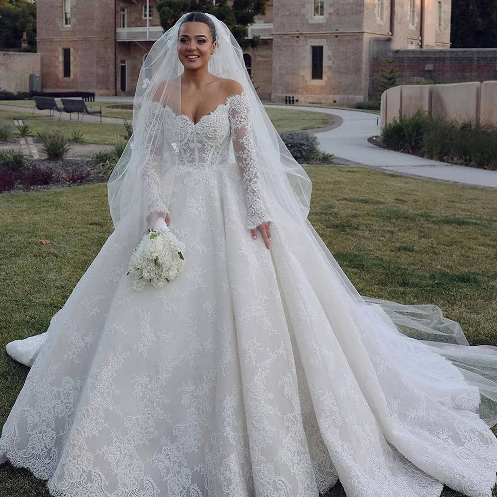 

Lace Weddings Dresses Off Shoulder Long Sleeves A Line Princess Bride Dress Lace Up Church Sweep Train Bridal Gown Customized