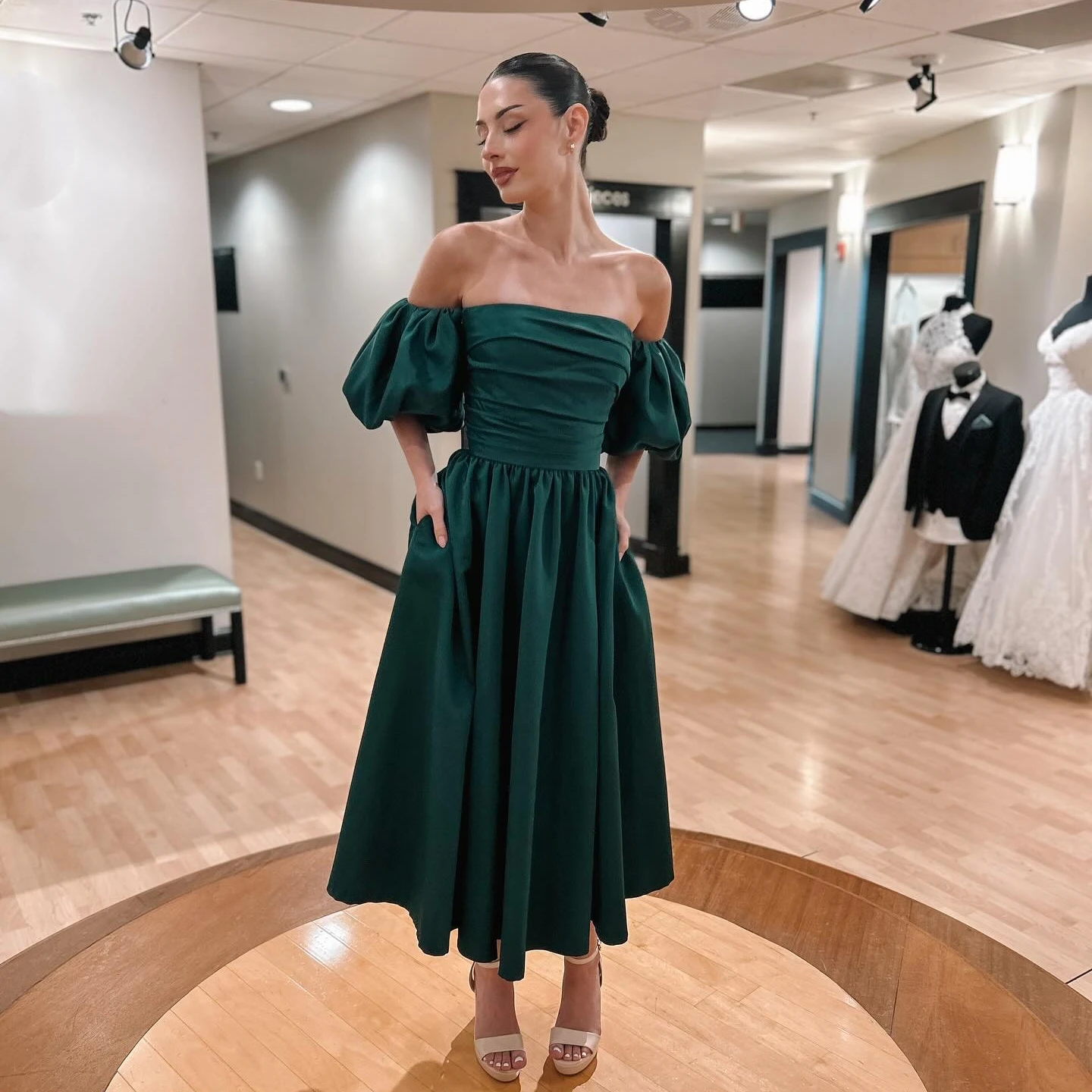

Изумрудное платье подружки невесты со съемными пышными рукавами и карманами длиной миди, вечернее коктейльное платье для молодой леди, свадебное платье для гостей