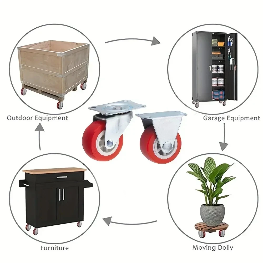 4-Pack PVC Universal and directional casters, quiet red rotating wheels, wheelbarrow, furniture project trolley