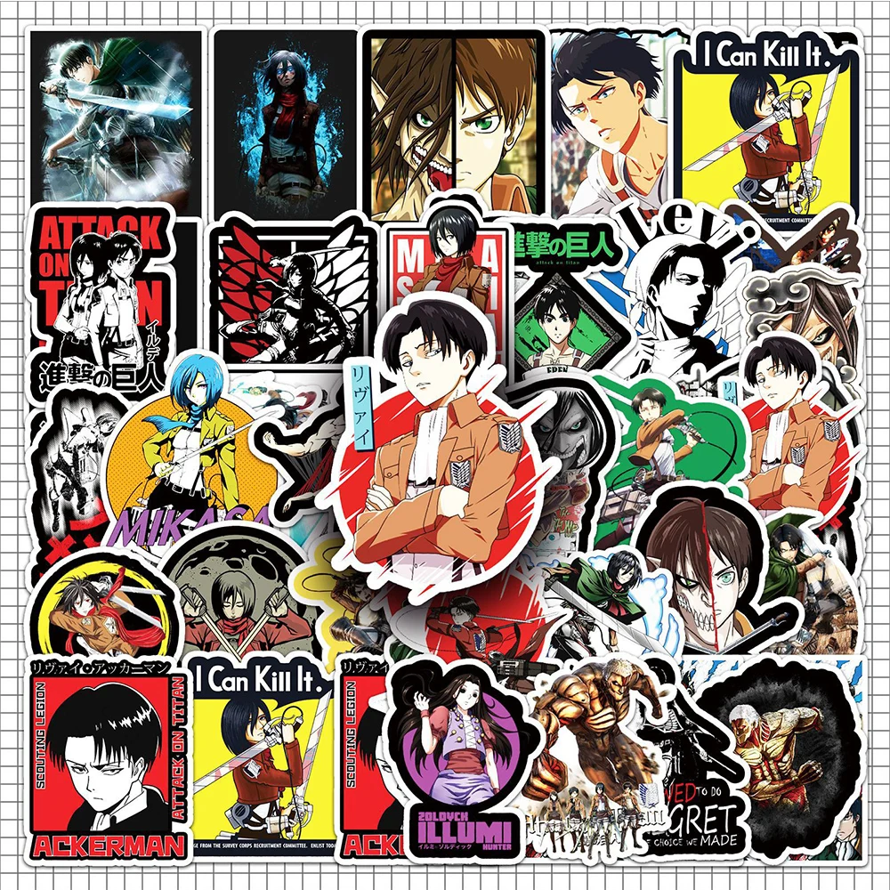 

10/30/50pcs Anime Attack on Titan Graffiti Stickers Cartoon Eren Jaeger Mikasa Ackerman Decals Toys Waterproof DIY Laptop Phone