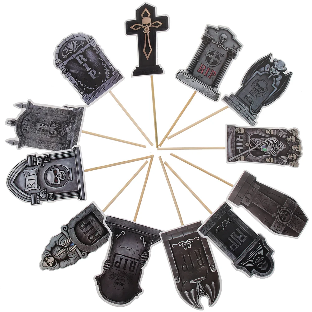 

12 Pcs Halloween Tombstone Slots Cake Decorations Spooky Toppers Dessert Decorative Picks