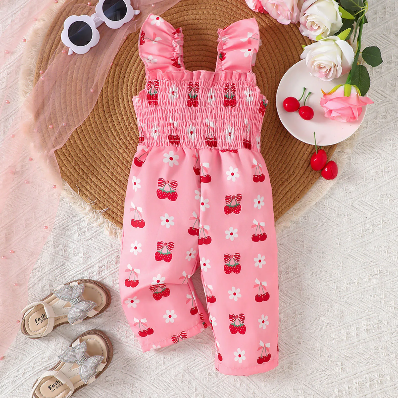 

Toddler Baby Girls Summer Sweet Pink Romper Ruffled Fly Sleeves High Waist Cute Printed Overalls Jumpsuit Holiday Casual Wear