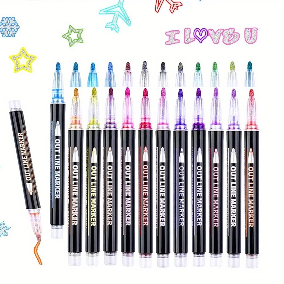 24 Colors Festive Metallic Outline Markers - Bold, Vibrant for Crafts, Plastic & More - Dual-Line