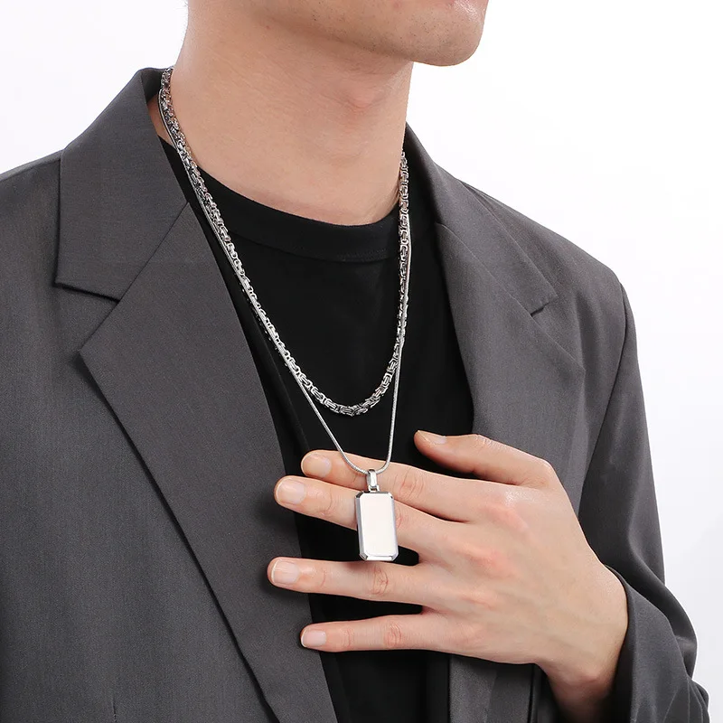 Byzantine King Chain Square Dog Tag Pendant Stainless Steel Necklace - Men's Double Layered Wearing Military Plate