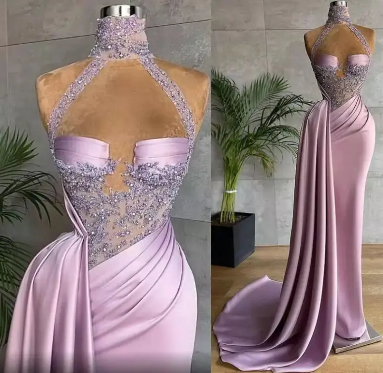 Lilac Arabic Dubai Evening Dress Long 2024 Luxury Mermaid Satin Beads Halter African Women Formal Prom Party Gown Customized