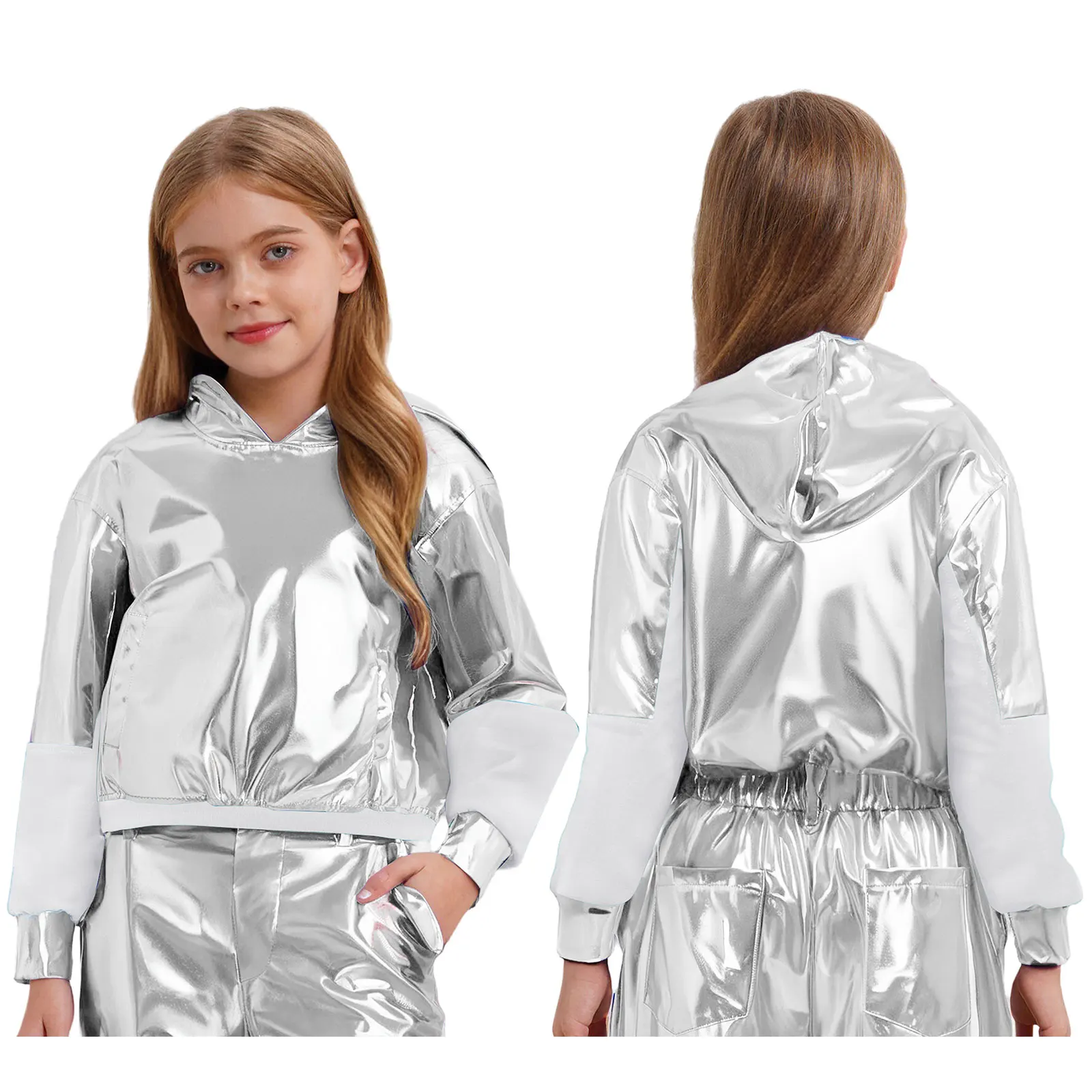 

Kids Boys Girls Hip Hop Jazz Street Dance Hoodies Metallic Long Sleeve Hooded Pullover Sweatshirts for Party Stage Performance