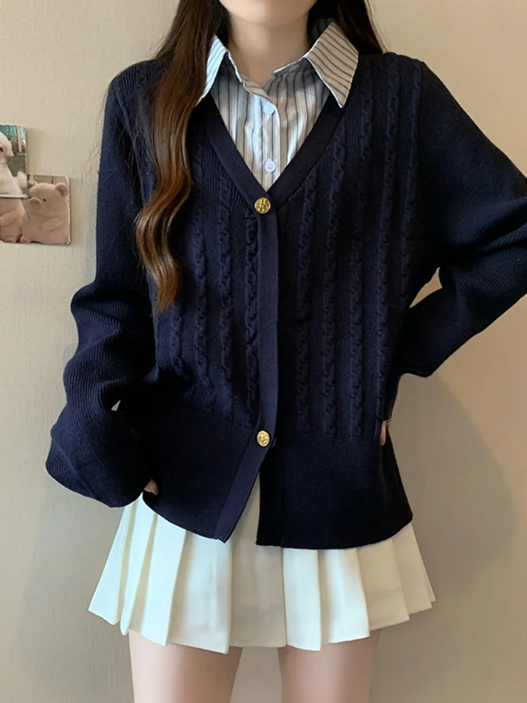 

Новый вязаный кардиган в стиле преппи, свободного кроя, для женщин, больших размеров, свитер, верхняя одежда, антивозрастной топ, осень-зима