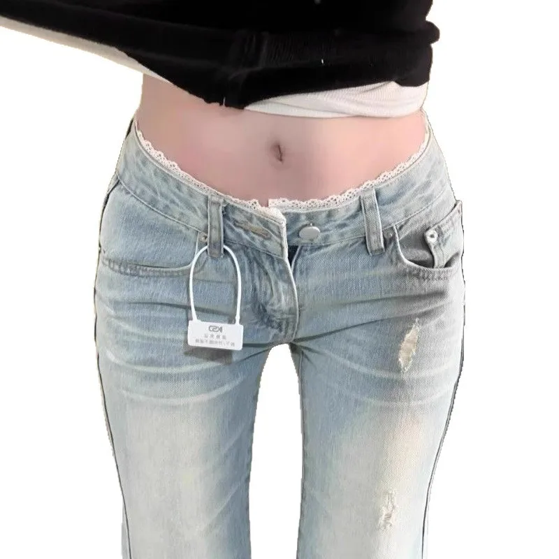 Low Waist Bell Bottom Jeans Women's Light Blue Washed Lace Splicing Design Spring Summer New Style Slimming Versatile Denim