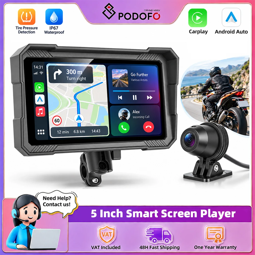 Podofo, lettore multimediale portatile da 5 pollici, con Carplay wireless, Android Auto, schermo digitale HD per il cruscotto, sistemi di guida intelligenti, radio stereo impermeabile IP67 e 2