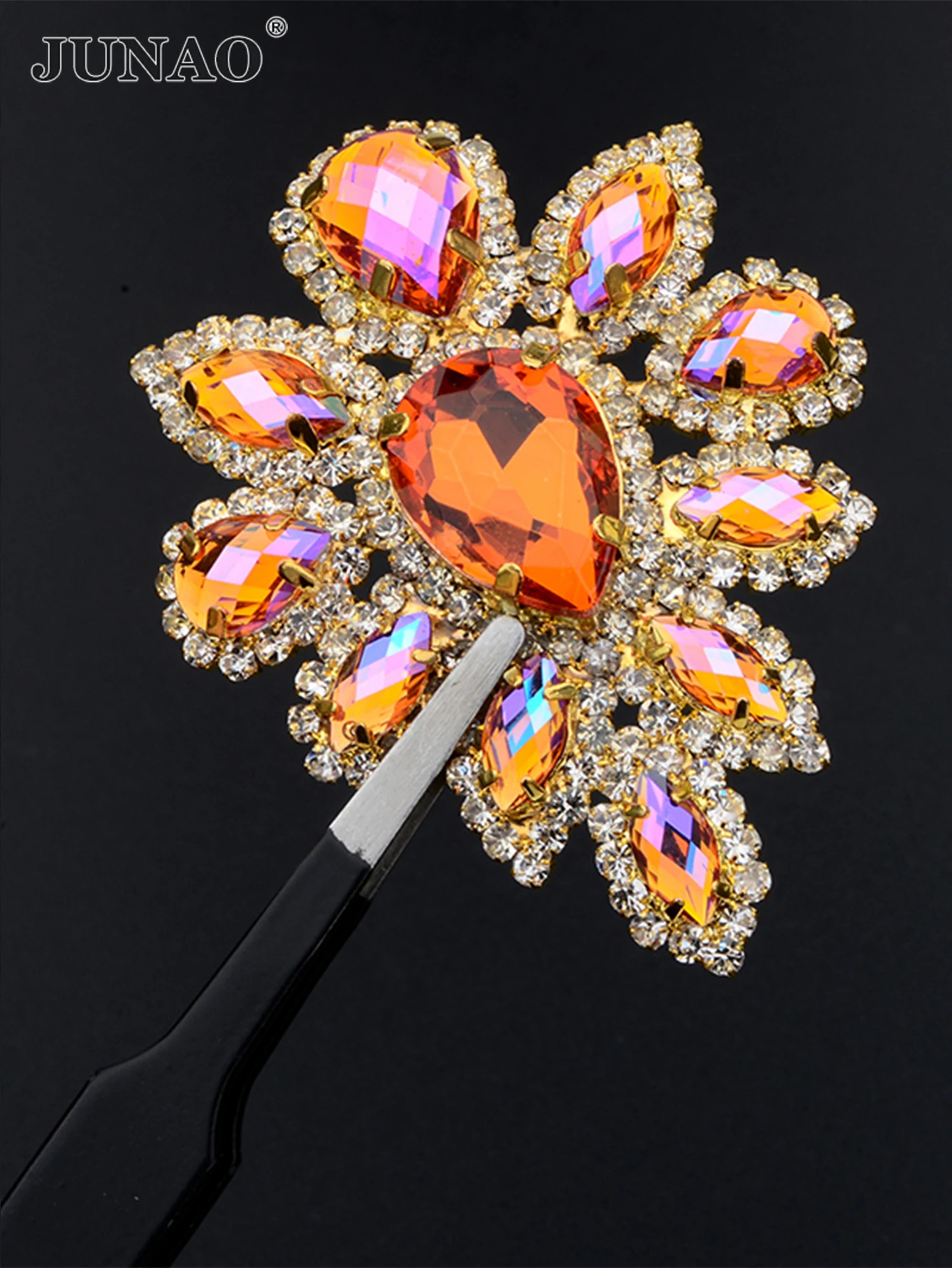 JUNAO 1Pcs 45*59mm Black Sewing Glass Crystal Applique Shiny Claw Rhinestones With Gold Setting Flower Beads For Clothes