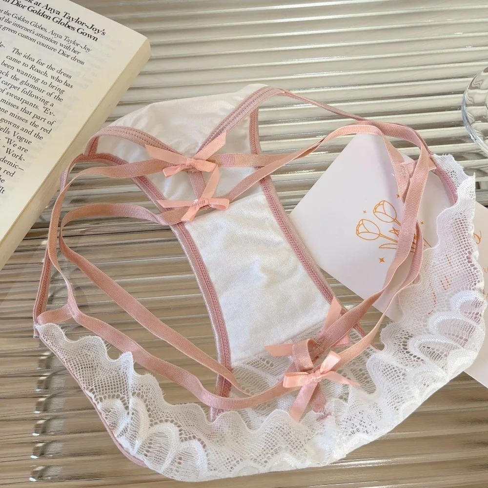 Light Luxury Hollowed-out Women's Underwear Lingerie Mid Waist Lace Bow Panties Satin Silk Thin Strap Mesh Briefs Daily