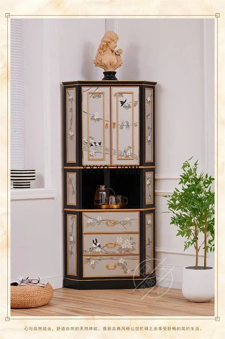 

New Chinese Style Solid Wood Painted Flowers and Birds High-Grade 90 Degree Corner Corner Cabinet