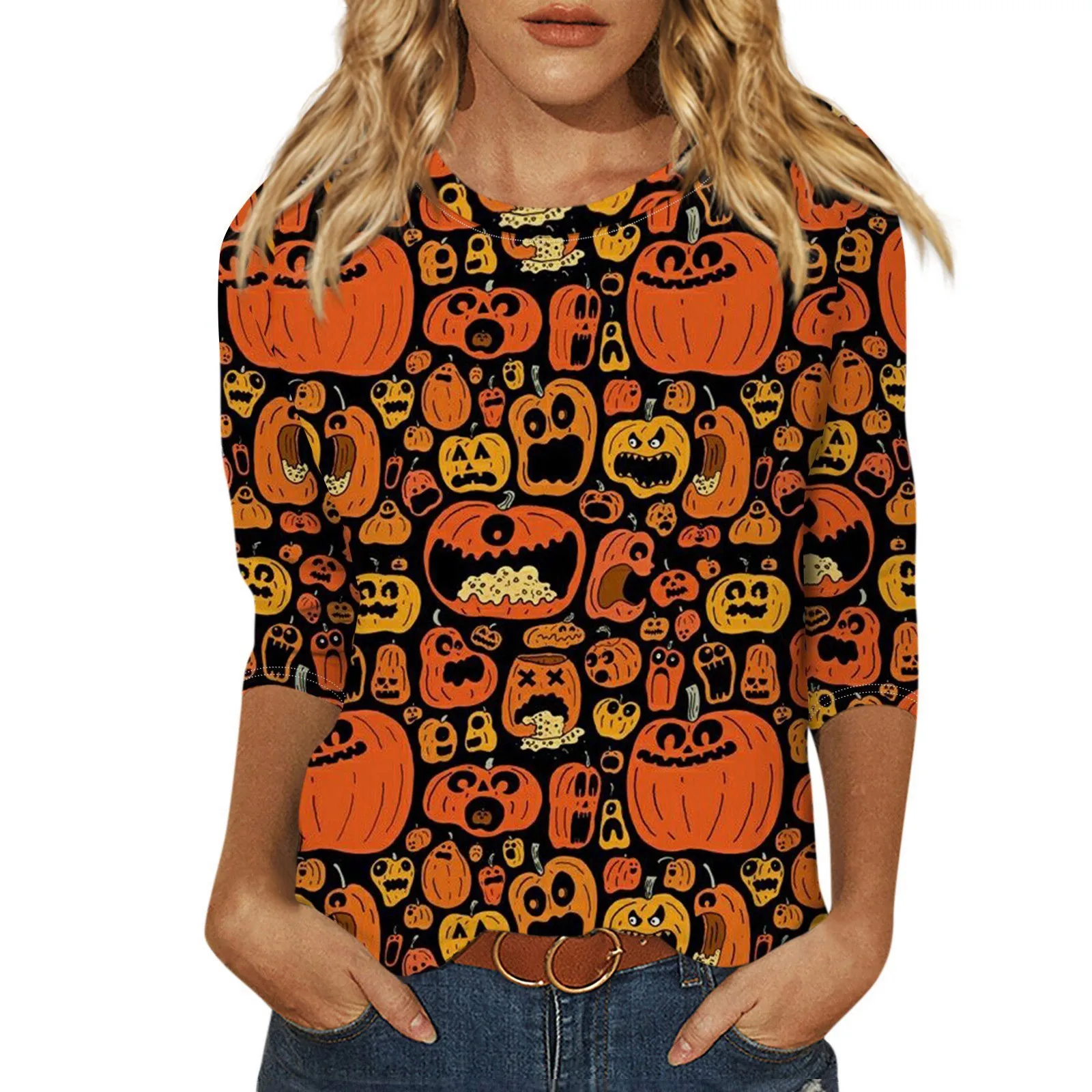 Moda damska Casual Round Neck 3/4 Sleeve Loose Halloween Printed T-Shirt Ladies Tops for Women Womens Tops and Blouses