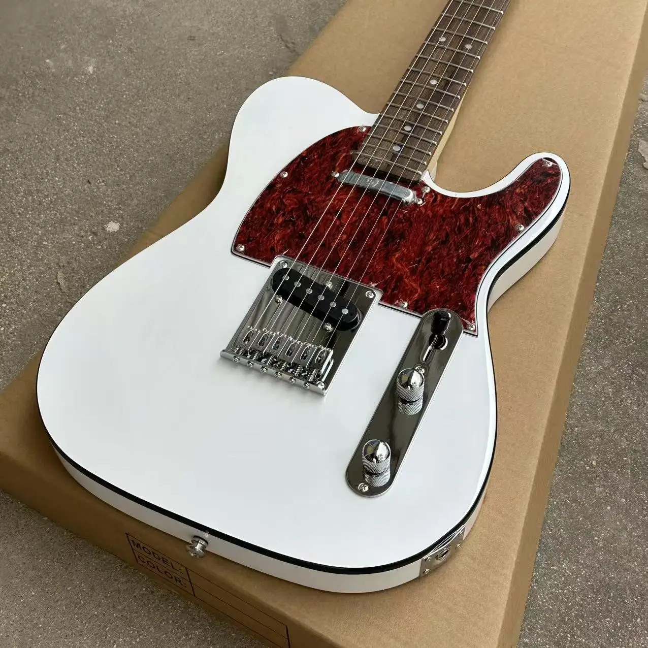 

NEW White TL guitar, red pearl guard, maple fingerboard, Black binding