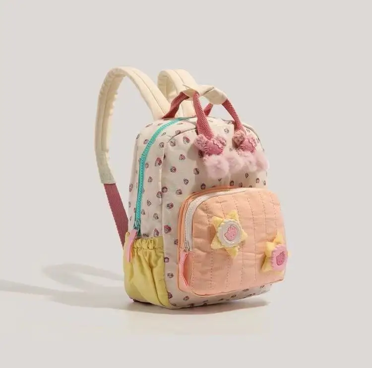 Cute Cartoon Small Strawberry Printed Canvas Mini Backpack Breathable Fabric Sweet Girly Daily Shopping Kids Hiking Portable Bag