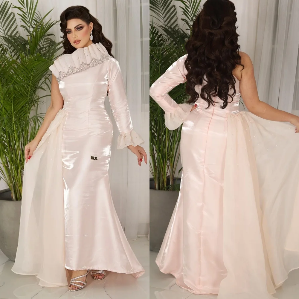 

Customized Satin Sequined Beading Ruffle Ruched Graduation A-line One-shoulder Bespoke Occasion Gown Long Dresses