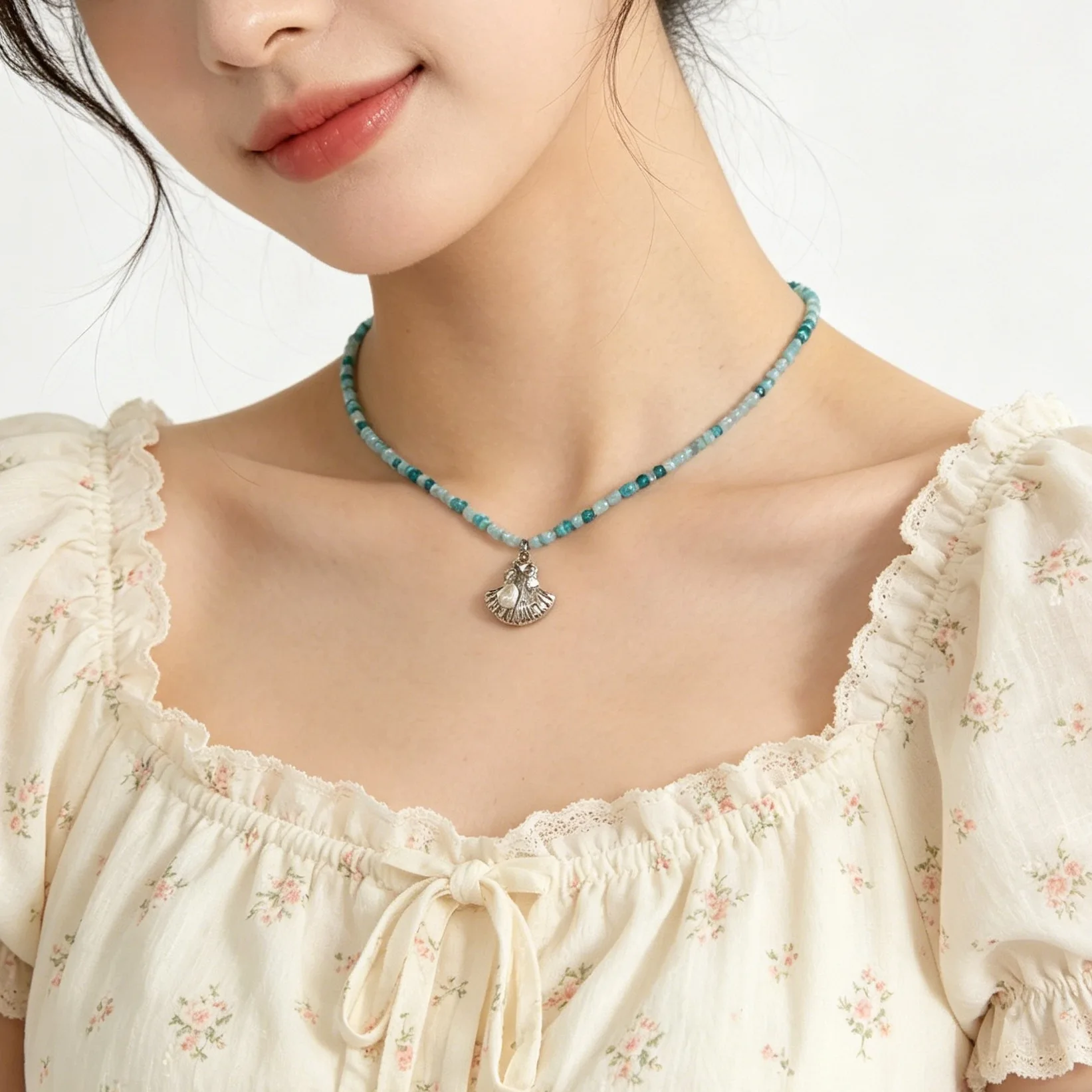 Dopamine Blue Beaded Necklace with Shell and Starfish for Women Summer Island Vacation Tropical Outfit Daily Decoration