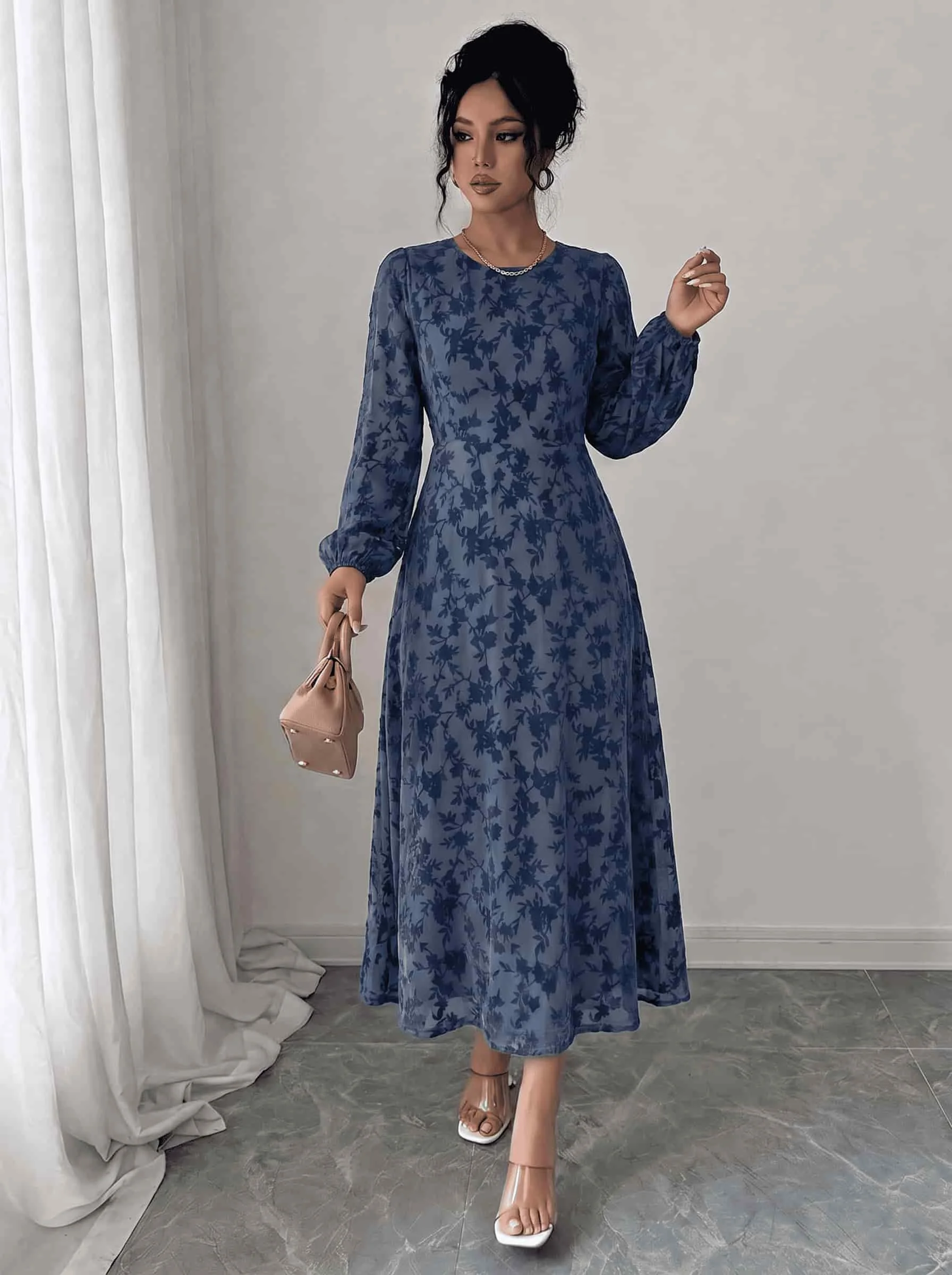 Women's Floral Round Neck Long Sleeve Balloon Sleeve Midi Dress, High Waist Flowy A-Line Dress, Perfect for Daily, Vacation