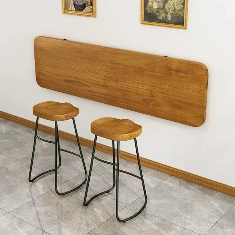 Wall Hanging Solid Wood Folding Bar Table– Simple Iron Triangle Bracket, Practical Laptop Desk