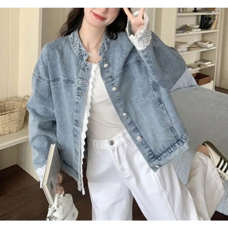 Lace Lace Splicing Denim Jacket Women's Spring and Autumn 2026 New Casual Jacket High Sense