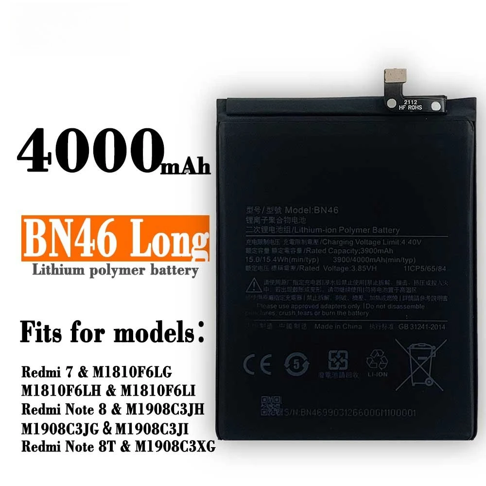 4000mAh BN46 Suitable for Xiaomi Redmi Redmi 7/Note 8T/Note 8 Large‑capacity Free Toolkit for Replacement Mobile Phone Battery