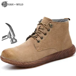 Genuine Leather Safety Work Boots Men Crazy Horse Leather Steel Toe Boot Mens Fashion Desert Popular High Top Work Shoes Male