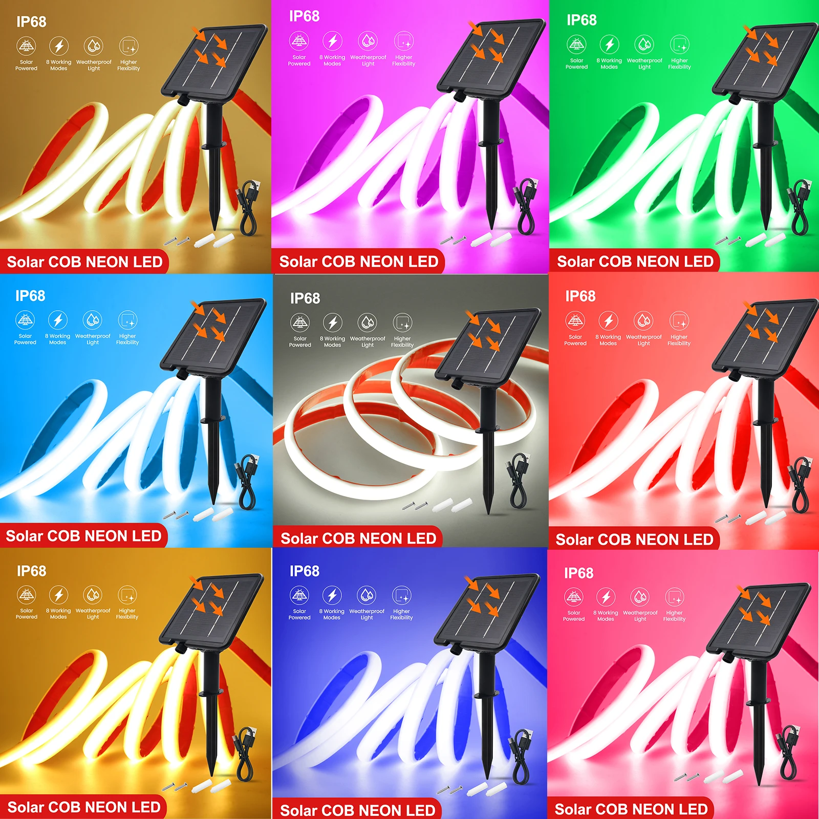 DC24V Solar COB Neon Strip IP68 Waterproof Red/Yellow/Blue/White 320Leds/M Flexible Ribbon Rope Light Dimmable Linear Lighting