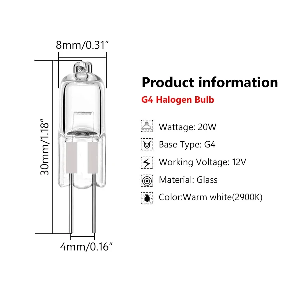 5/10/20Pcs Mini G4 Energy Saving Tungsten Halogen JC Type Light Bulb Lamp DC12V 20W G4 Spotlight Crystal Chandelier Halogen Lamp