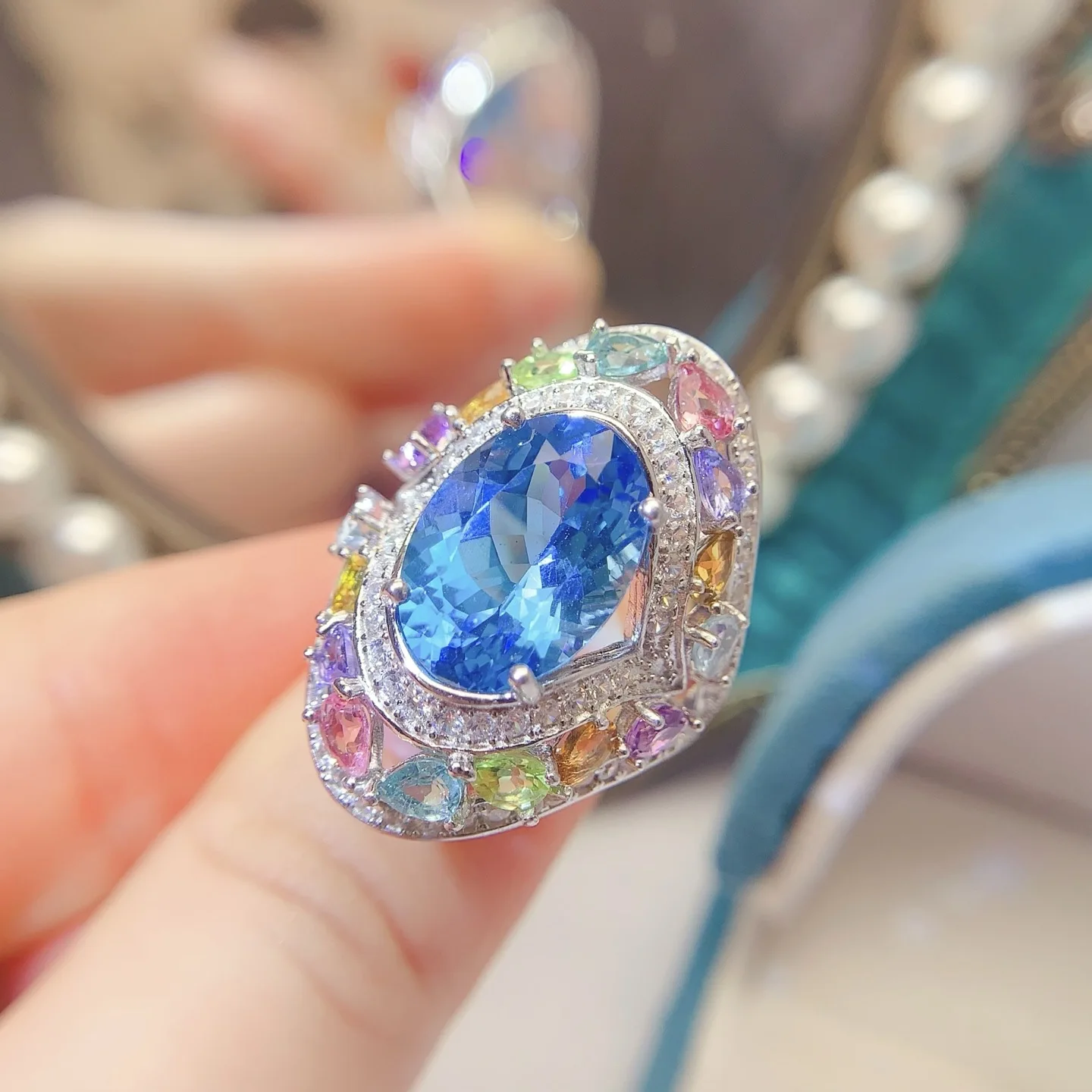 Natural Swiss Blue Topaz Ring 10*14mm Oval Stone S925 Silver Multi Color Gemstone Surround Adjustable Women Ring