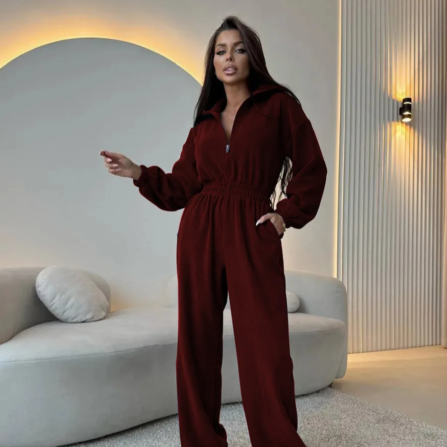 Woman Clothing Bodysuit Casual Loose Solid Color Long Sleeve Zipper Collar Jumpsuit Women's Waist Jumpsuit Sporty Overalls 2025
