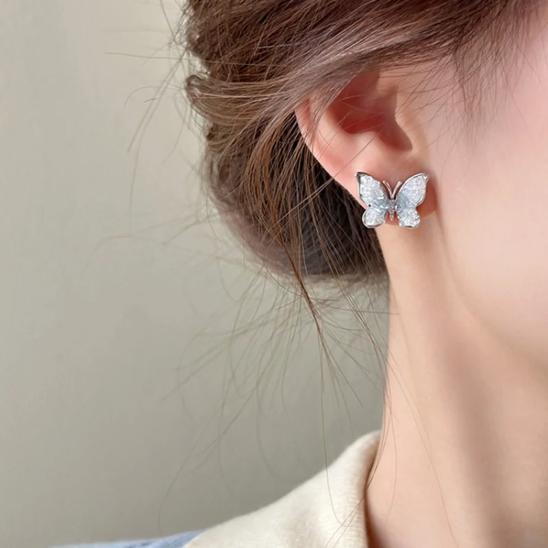 Blue Gradient Crystal Butterfly Earrings For Women Korean Fashion Rhinestone Flower Stud Earrings Casual Wedding Party Jewelry