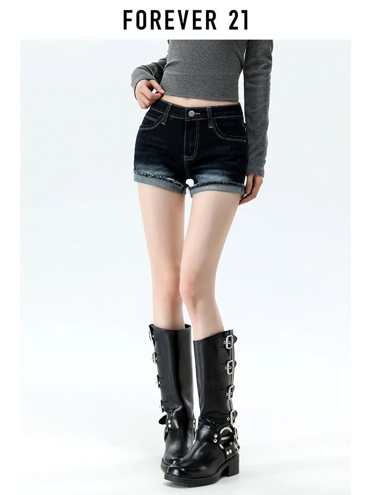 Shorts de Mezclilla de Cintura Baja con Corte de Campana Forever 21, Shorts de Verano para Mujer, Estilo Moderno, Ajustados, de Algodón Elástico, Color Azul