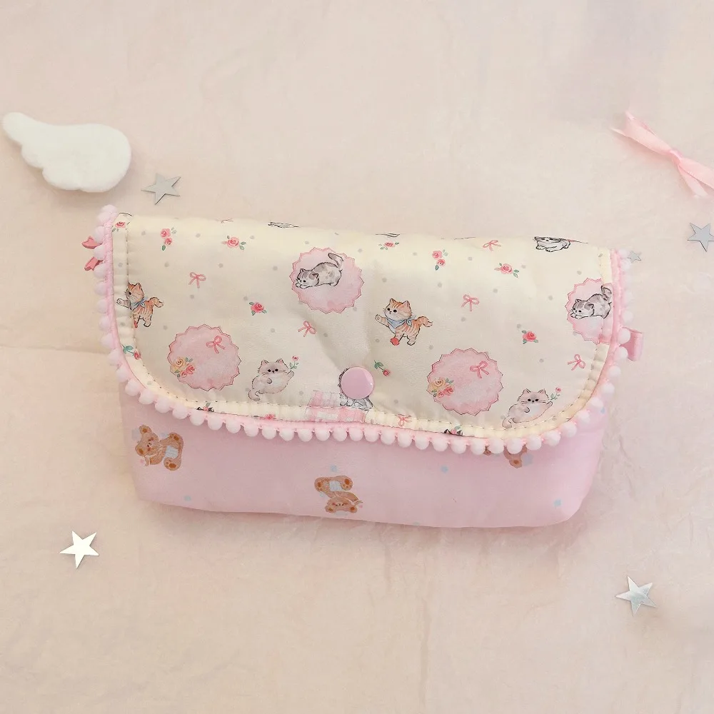 Butterfly Cat Print Pencil Case Flap Button-down Large Capacity Pencil Pouch Multifunctional Stationery Storage Bag Students