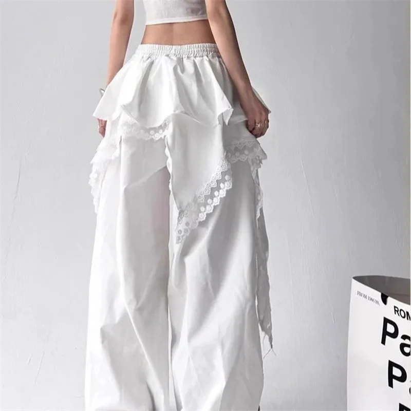Women's Chic Design Tooling Casual Pants 2026 Spring Autumn New Niche Splicing Lace Trousers Female Dancing Wide-leg Pants