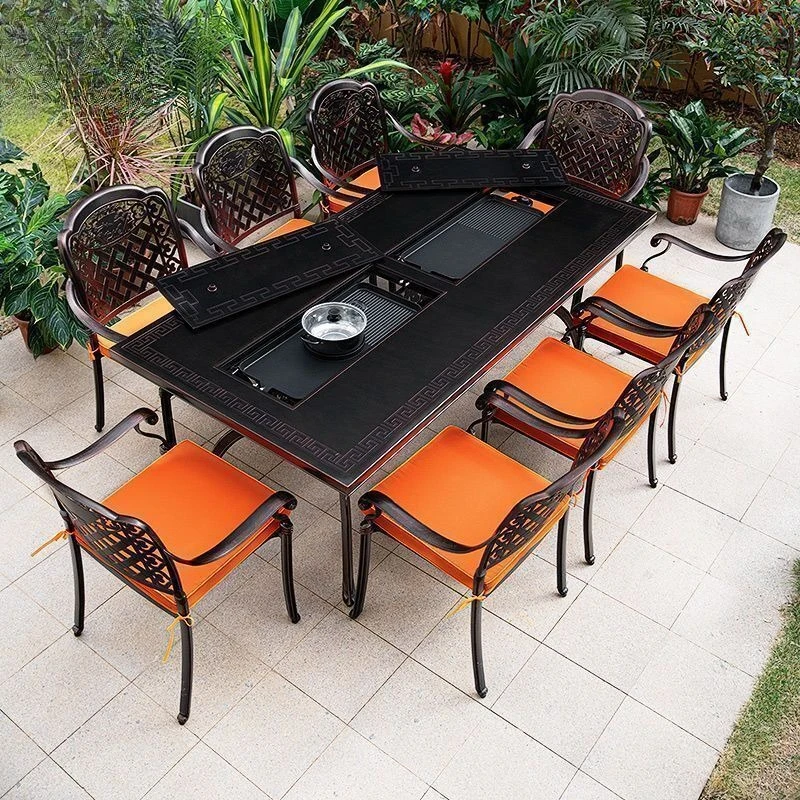 Outdoor tables and chairs BBQ combination courtyard garden outdoor terrace cast aluminum furniture household smokeless