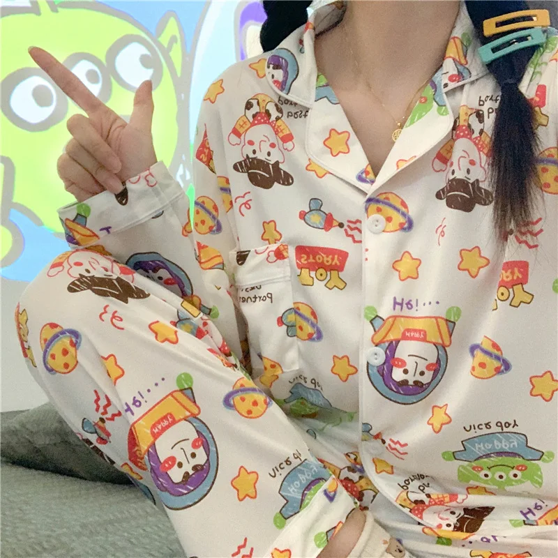 

Anime Disney Toy Story Buzz Lightyear Pajamas Pants Suit Cute Women New Nightgown Fashion Long Sleeve Homewear Cotton Nnight-clo