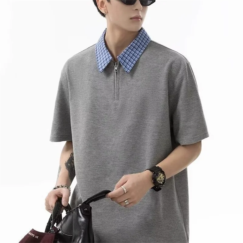 

American Retro Half Zip Plaid Collar Polo Shirts For Men Summer Patchwork Short Sleeve Y2K T-shirt High Street polos para hombre