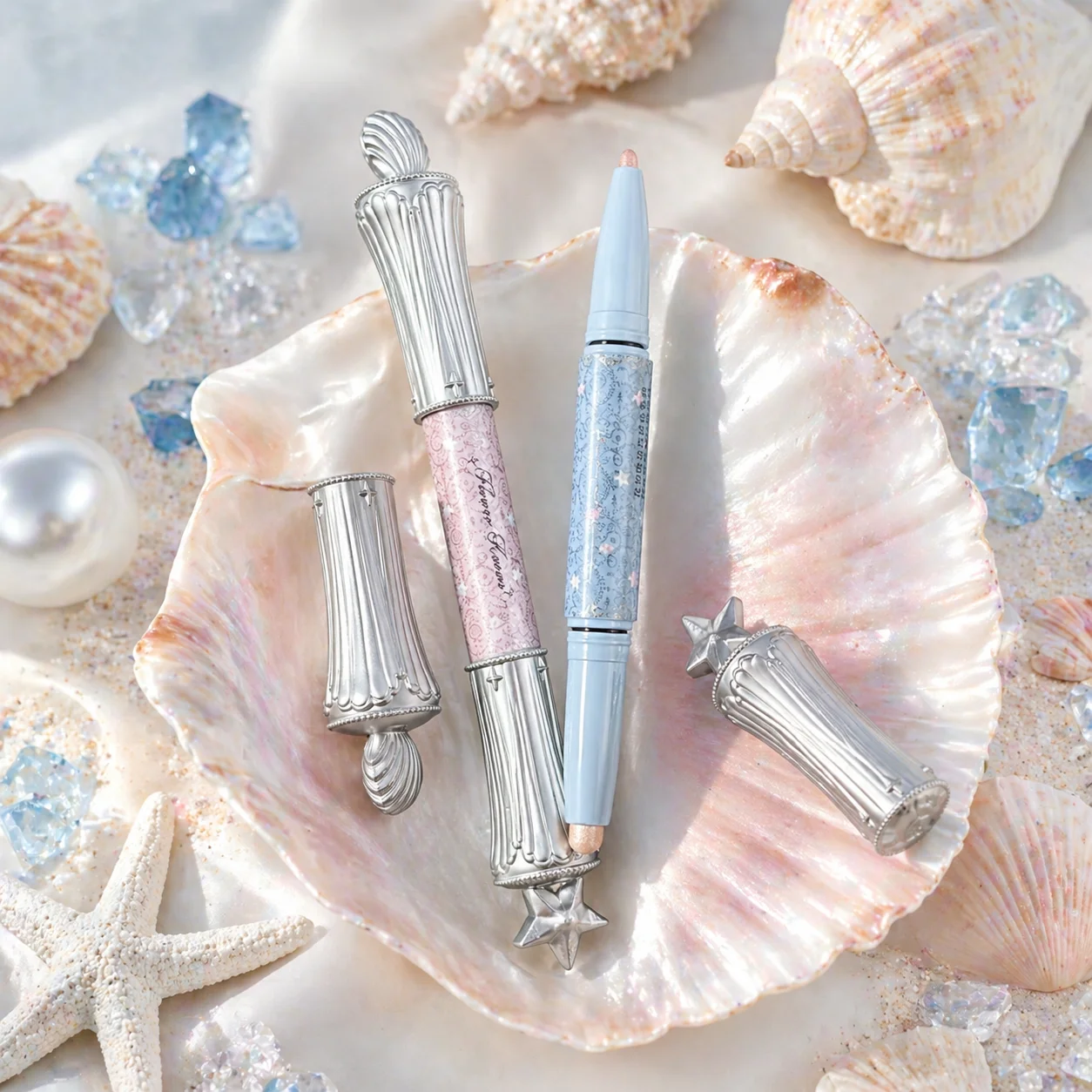 Flower Knows Shells Jewel 2 in 1 Under Eye Highlighter Stick Creamy Shimmer Brightening Makeup Stick Long Lasting Waterproof