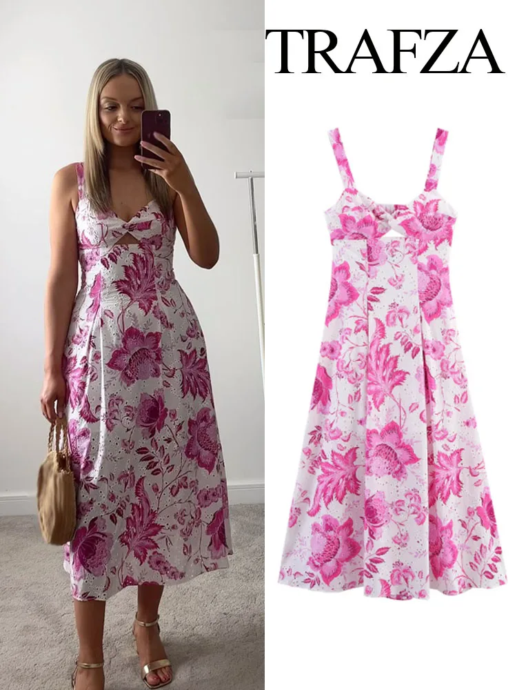 

TRAFZA Women's Fashion V Neck Hollow Embroidered Print Sleeveless Dress Female Elegant Vintage Backless Sexy Slim Sling Dress