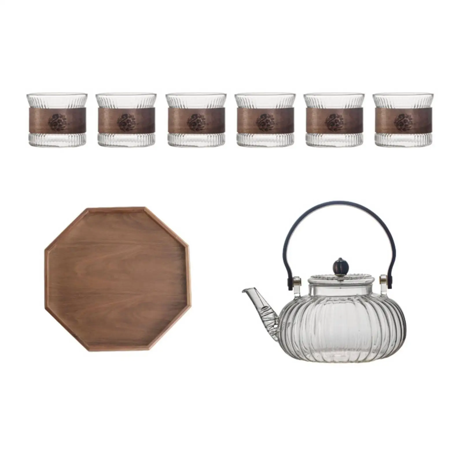 Heat Resistant Teapot Elegant Ribbed Glass Tea Pot with Lid and Curved Handle Tea Cups and Octagonal Tray for Guests