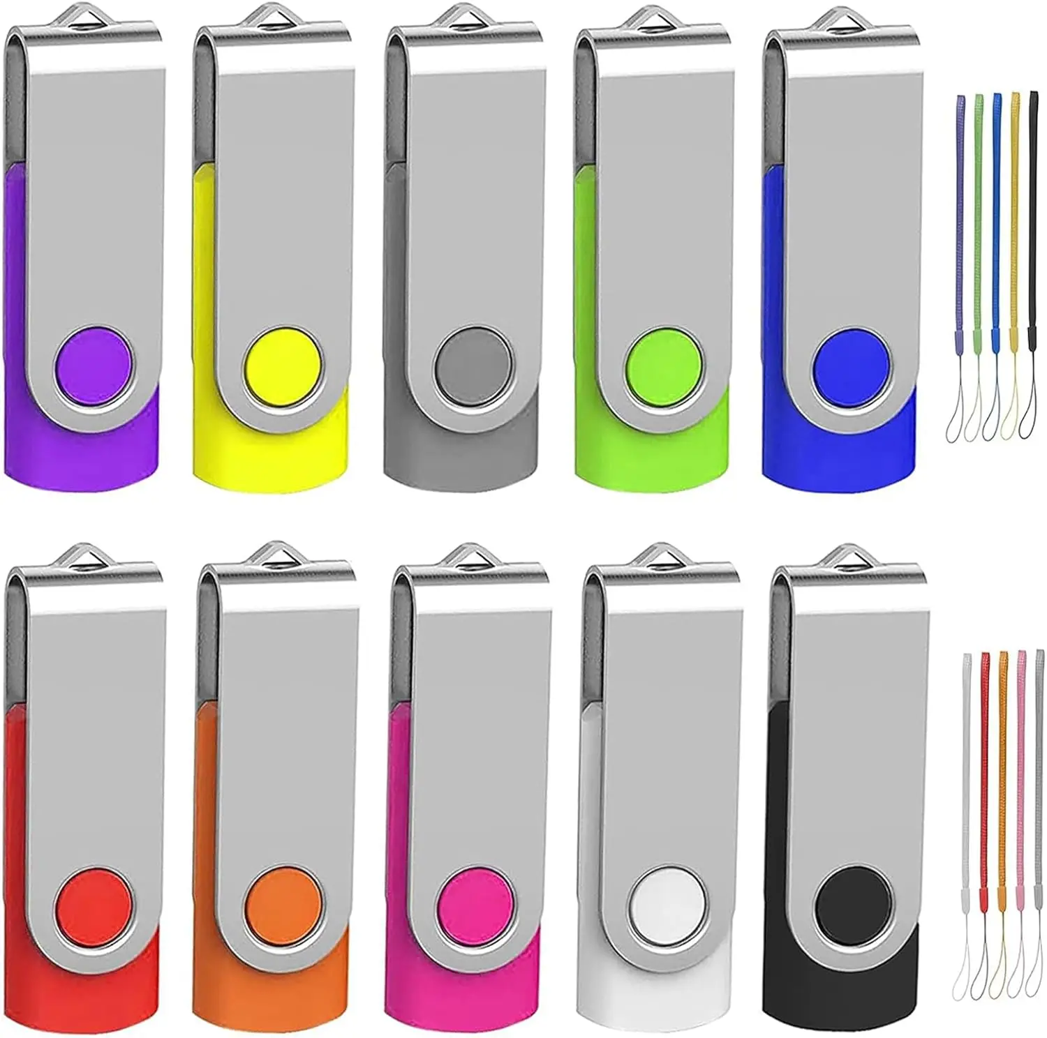 32GB Flash Drive 10 Pack, USB 2.0 Thumb Drives Bulk, Metal Swivel Memory Sticks with Lanyard, 10 Colors Multipack