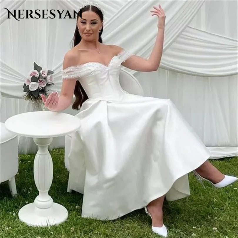 

Nersesyan Elegant Satin Wedding Dresses Tulle Beadings Off The Shoulder Pleats Bridal Gown A Line Draped Vestidos De Novia 2023