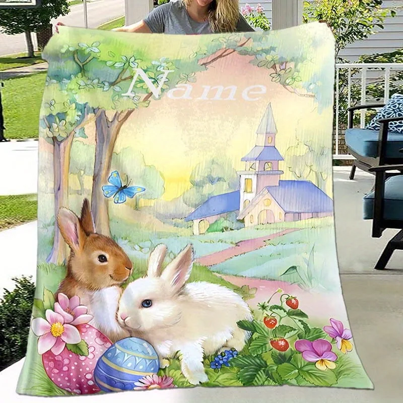 Customize personalized name flannel blankets with two rabbits and an Easter theme, suitable for napping, camping and traveling