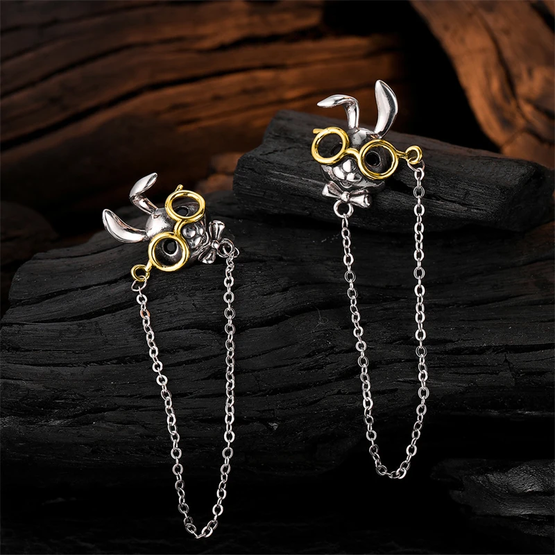925 Sterling Silver Vintage Tassel Chain Long Drop Earrings for Women Girls Cute Glasses Rabbit Earrings Party Jewelry Gift